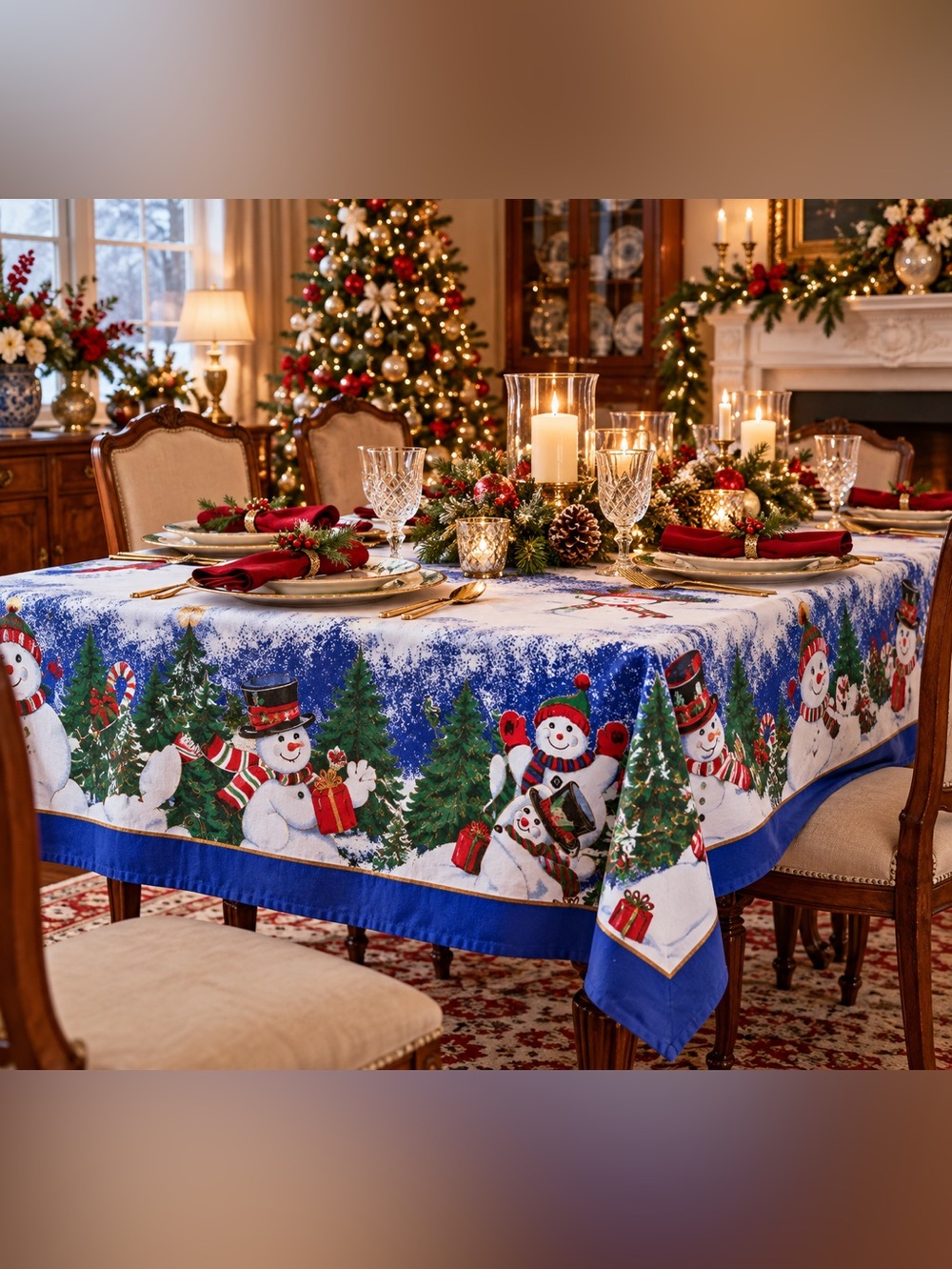 Vintage Christmas Snowman Tablecloth 52x70 | Blue Winter Holiday Table Cover | C